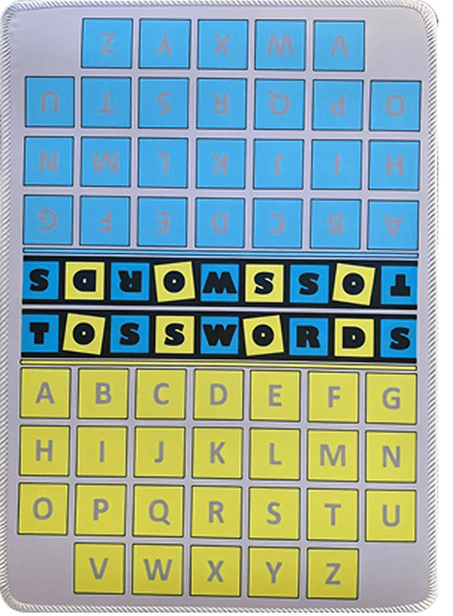 Alphabet tiles game board with letters displayed.