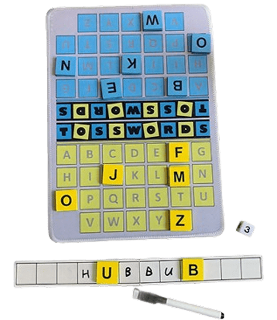 Word game board with tiles and marker.